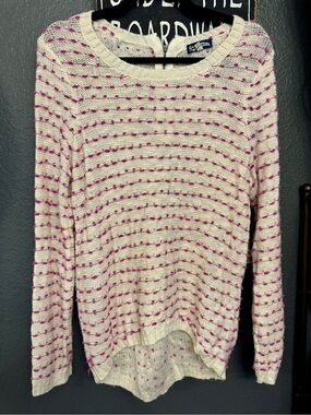 Large Freshman Cream Knit Sweater with Pink Dot Stripes and Back Zipper